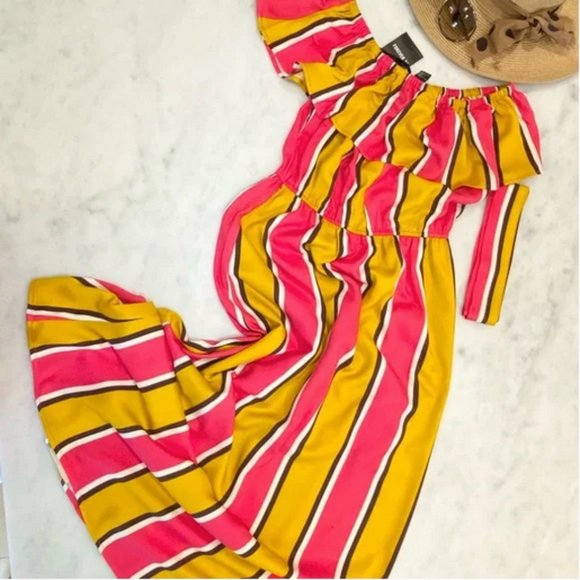 Bold Striped Ruffle Short Sleeve Tie Waist Maxi Multicolor - Size M - Picture 3 of 8